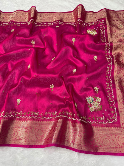 Rani Pink Banarasi Tissue Silk Saree with Floral Handwork & Rich Zari Border