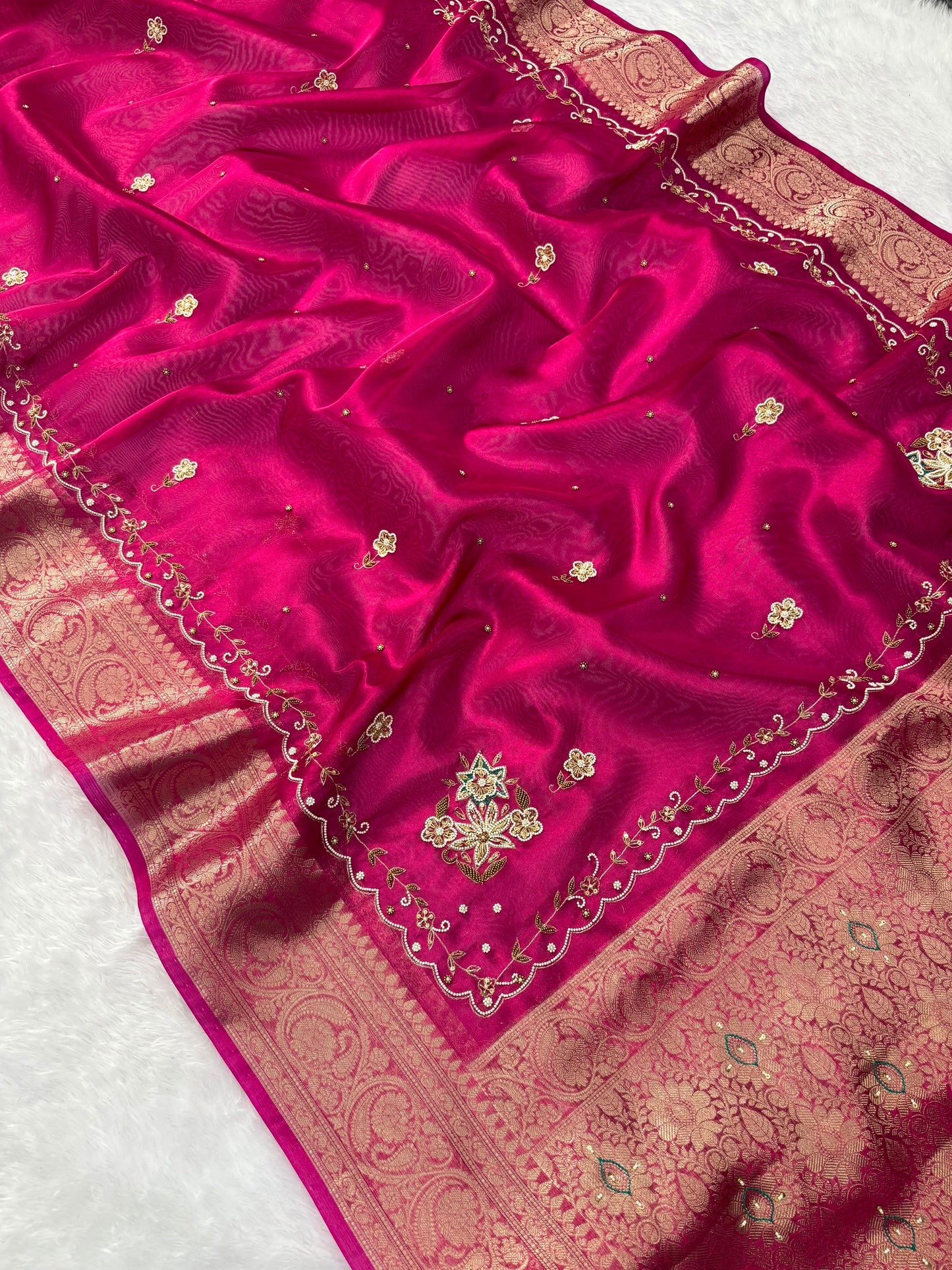 Rani Pink Banarasi Tissue Silk Saree with Floral Handwork & Rich Zari Border