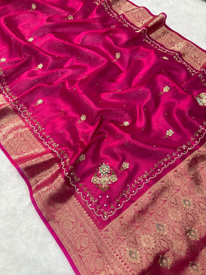 Rani Pink Banarasi Tissue Silk Saree with Floral Handwork & Rich Zari Border
