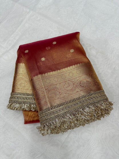 Rust Orange Banarasi Soft Tissue Silk Saree