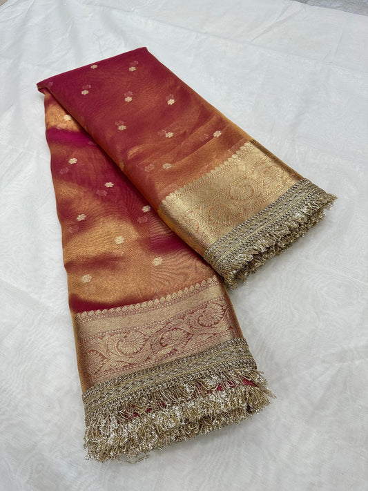 Rust Orange Banarasi Soft Tissue Silk Saree