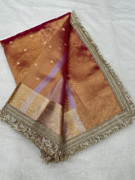Rust Orange Banarasi Soft Tissue Silk Saree