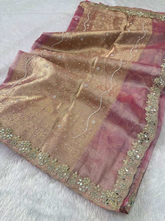 Pink Banarasi Soft Tissue Silk Saree