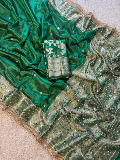 Green Banarasi Soft Tissue Silk Saree