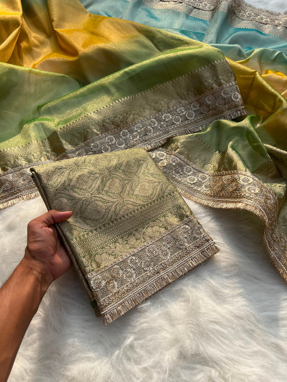 3D Multi Shade Tissue Saree with Embroidery Border