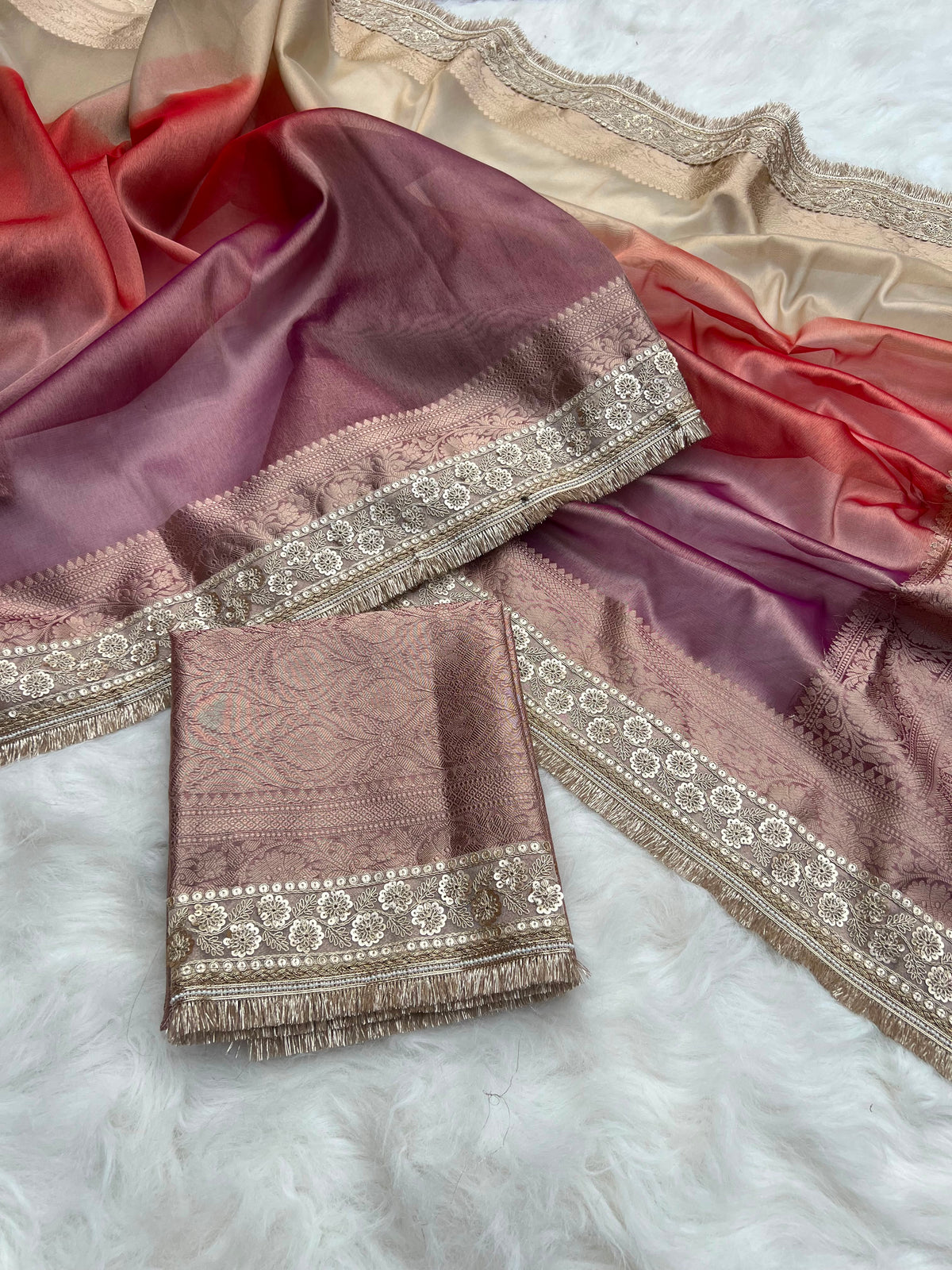 3D Multi Shade Tissue Saree with Embroidery Border