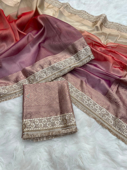 3D Multi Shade Tissue Saree with Embroidery Border