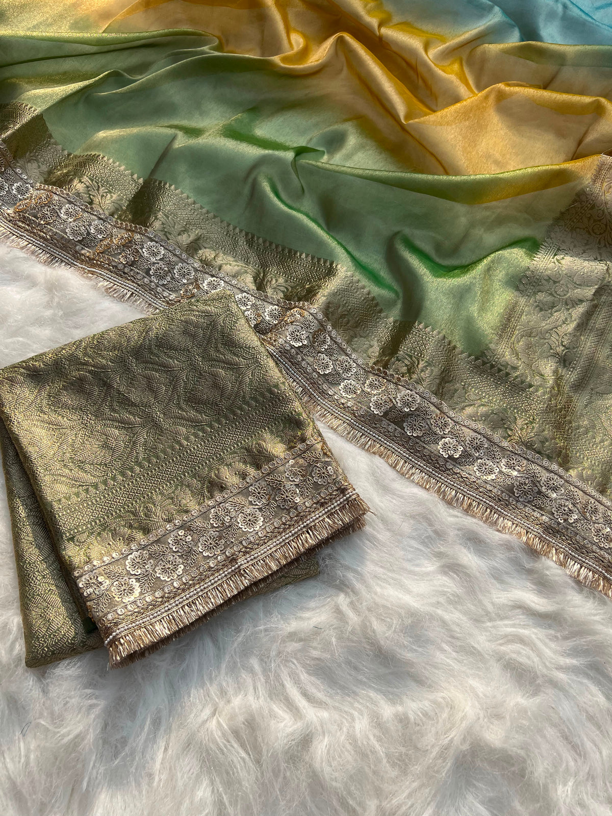 3D Multi Shade Tissue Saree with Embroidery Border