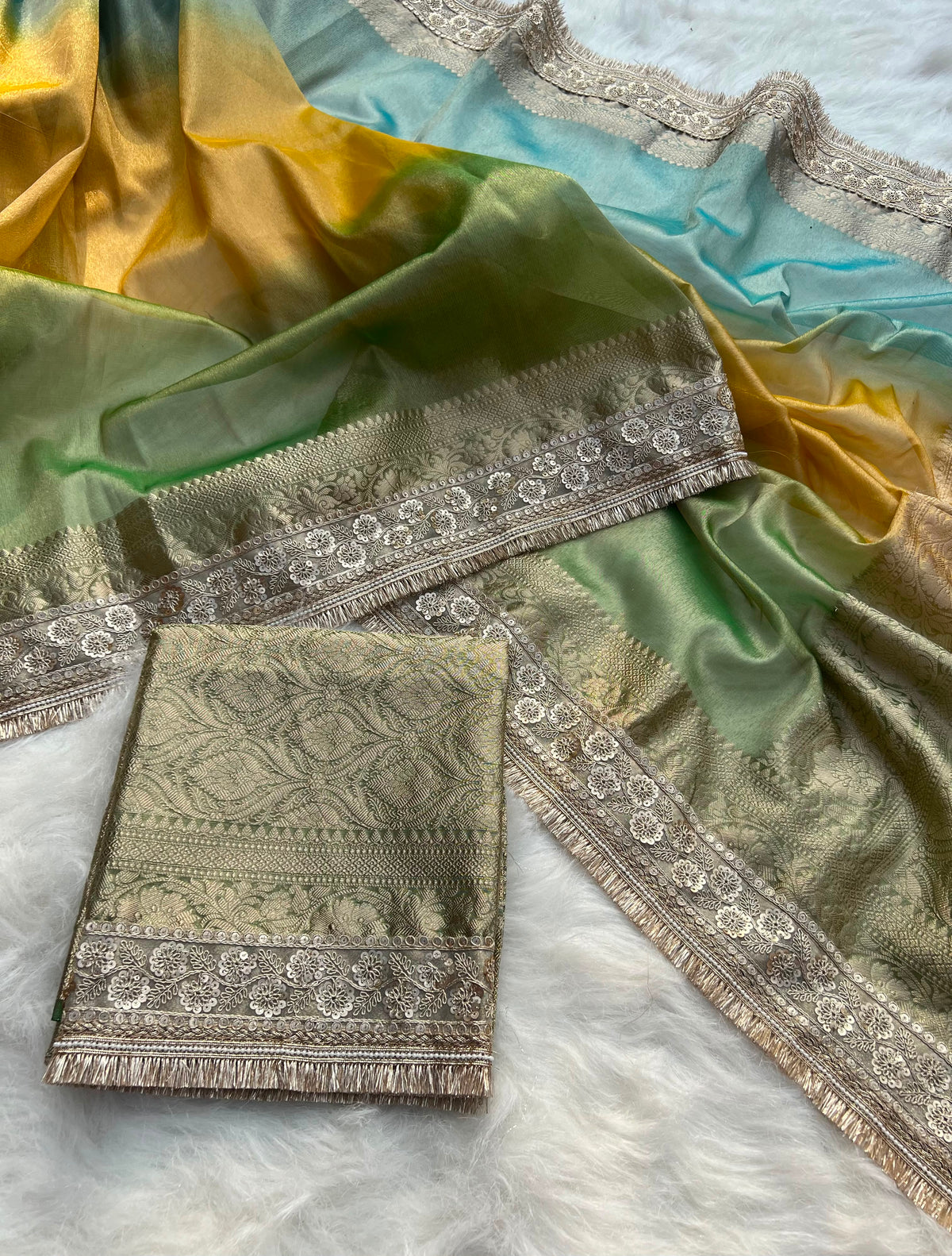 3D Multi Shade Tissue Saree with Embroidery Border