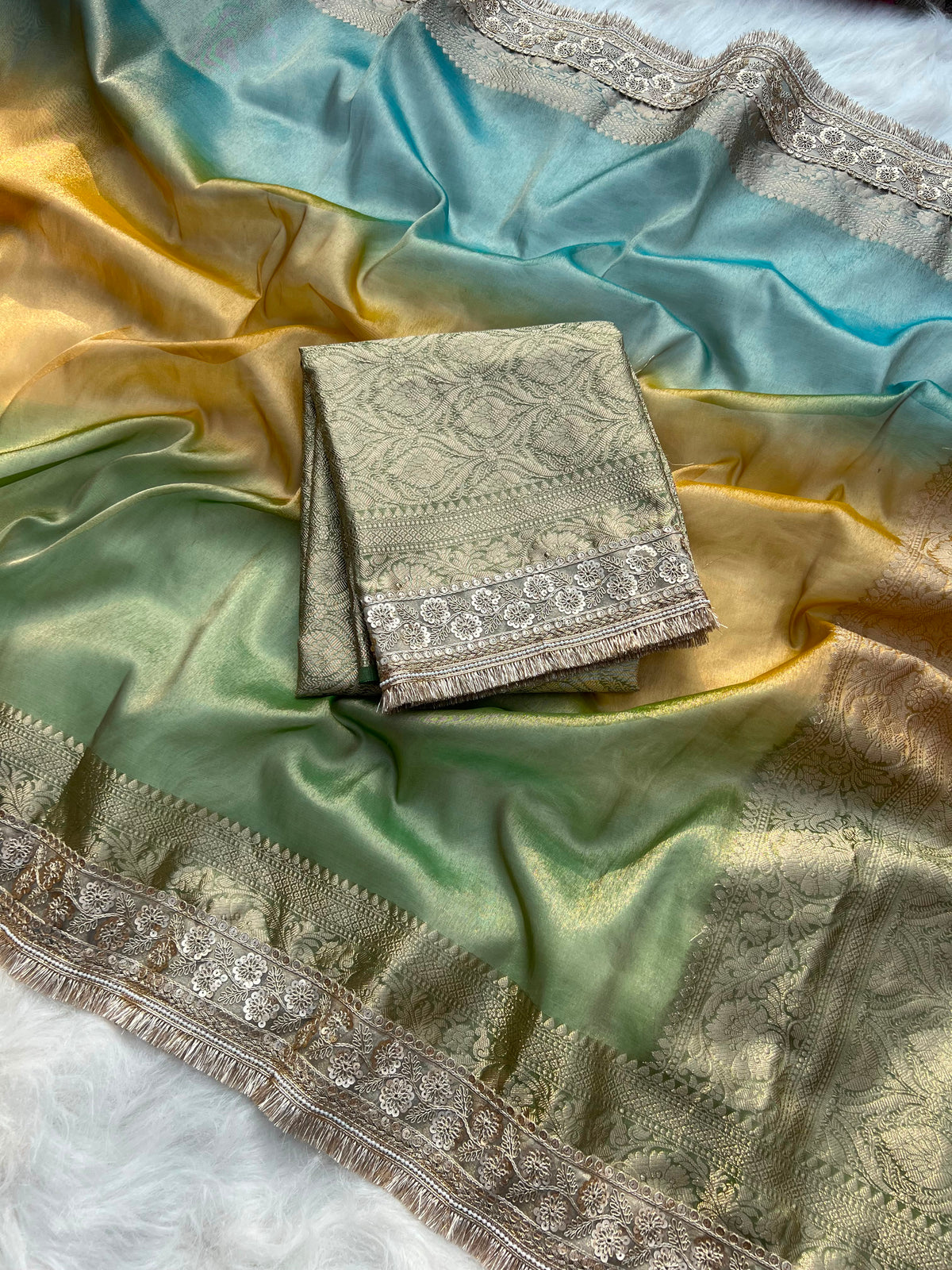 3D Multi Shade Tissue Saree with Embroidery Border