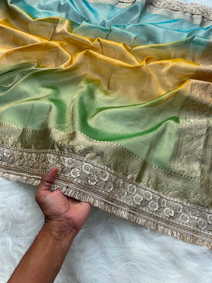 3D Multi Shade Tissue Saree with Embroidery Border