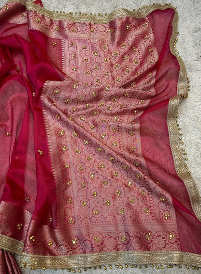 Red Ghungroo Work Banarasi Soft Tissue Silk Saree