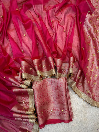 Red Ghungroo Work Banarasi Soft Tissue Silk Saree