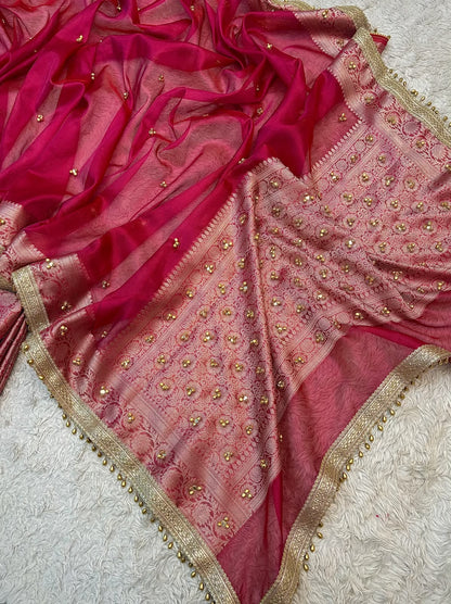 Red Ghungroo Work Banarasi Soft Tissue Silk Saree