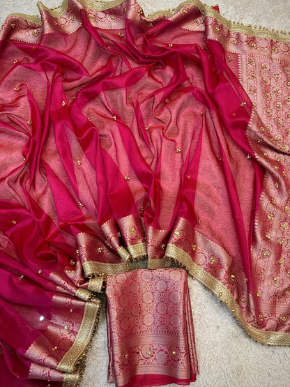 Red Ghungroo Work Banarasi Soft Tissue Silk Saree
