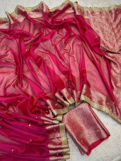 Red Ghungroo Work Banarasi Soft Tissue Silk Saree
