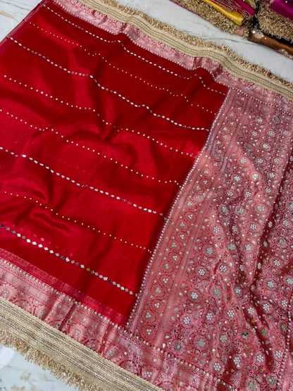 Red Banarasi Soft Tissue Silk Saree