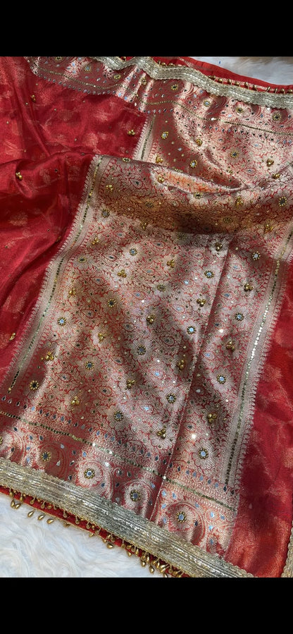 Red Ghungroo Banarasi Soft Tissue Silk Saree