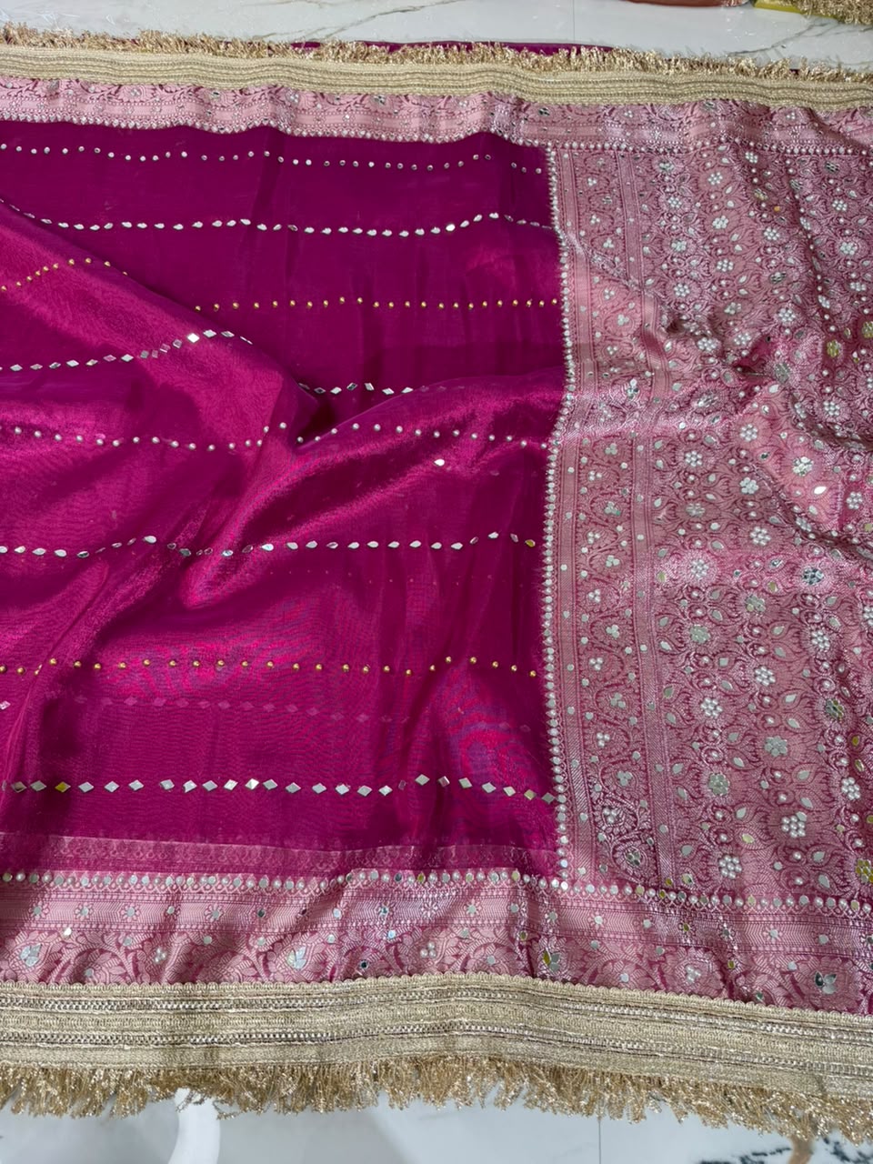 Rani Pink Banarasi Soft Tissue Silk Saree