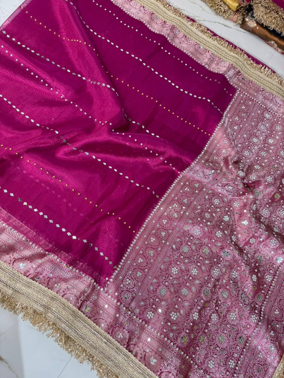 Rani Pink Banarasi Soft Tissue Silk Saree