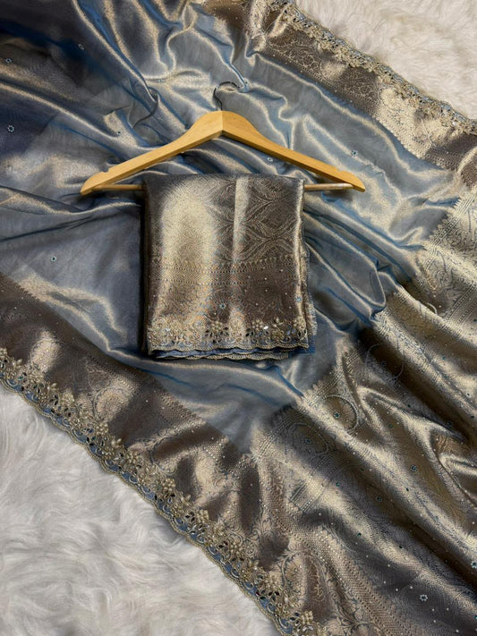 Silver Blue Banarasi Soft Tissue Silk Saree