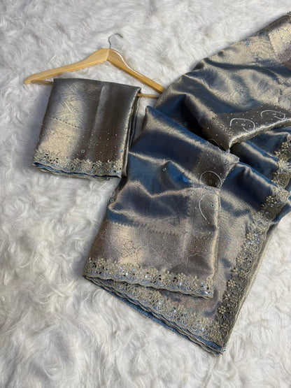 Silver Blue Banarasi Soft Tissue Silk Saree