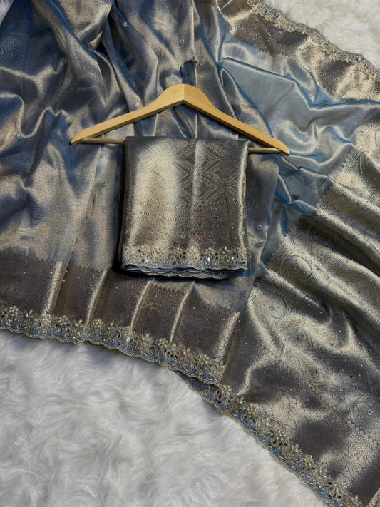 Silver Blue Banarasi Soft Tissue Silk Saree