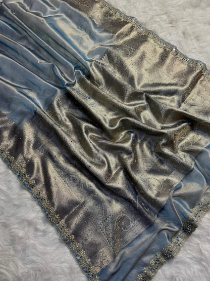 Silver Blue Banarasi Soft Tissue Silk Saree