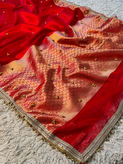 Red Viral Ghungroo Saree – Banarasi Soft Tissue Silk | Thesareeghar