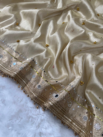 Champagne Gold Viral Ghungroo Saree – Banarasi Soft Tissue Silk | Thesareeghar