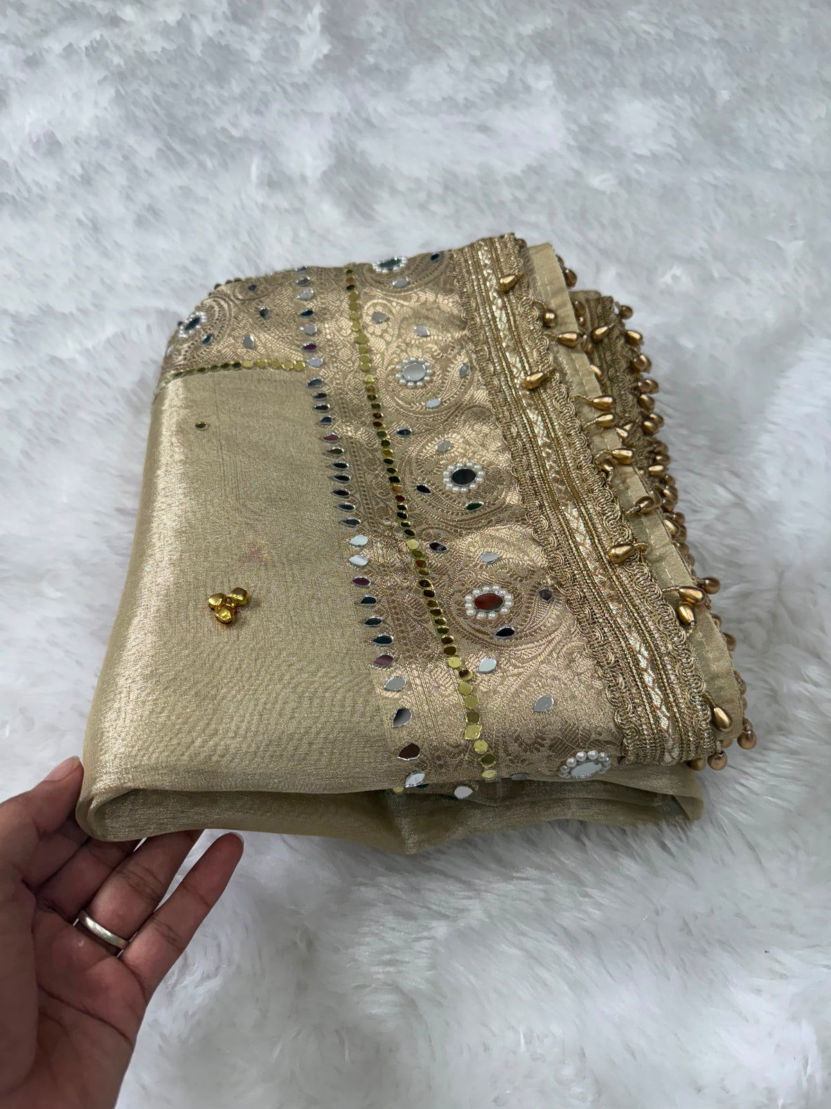 Champagne Gold Viral Ghungroo Saree – Banarasi Soft Tissue Silk | Thesareeghar