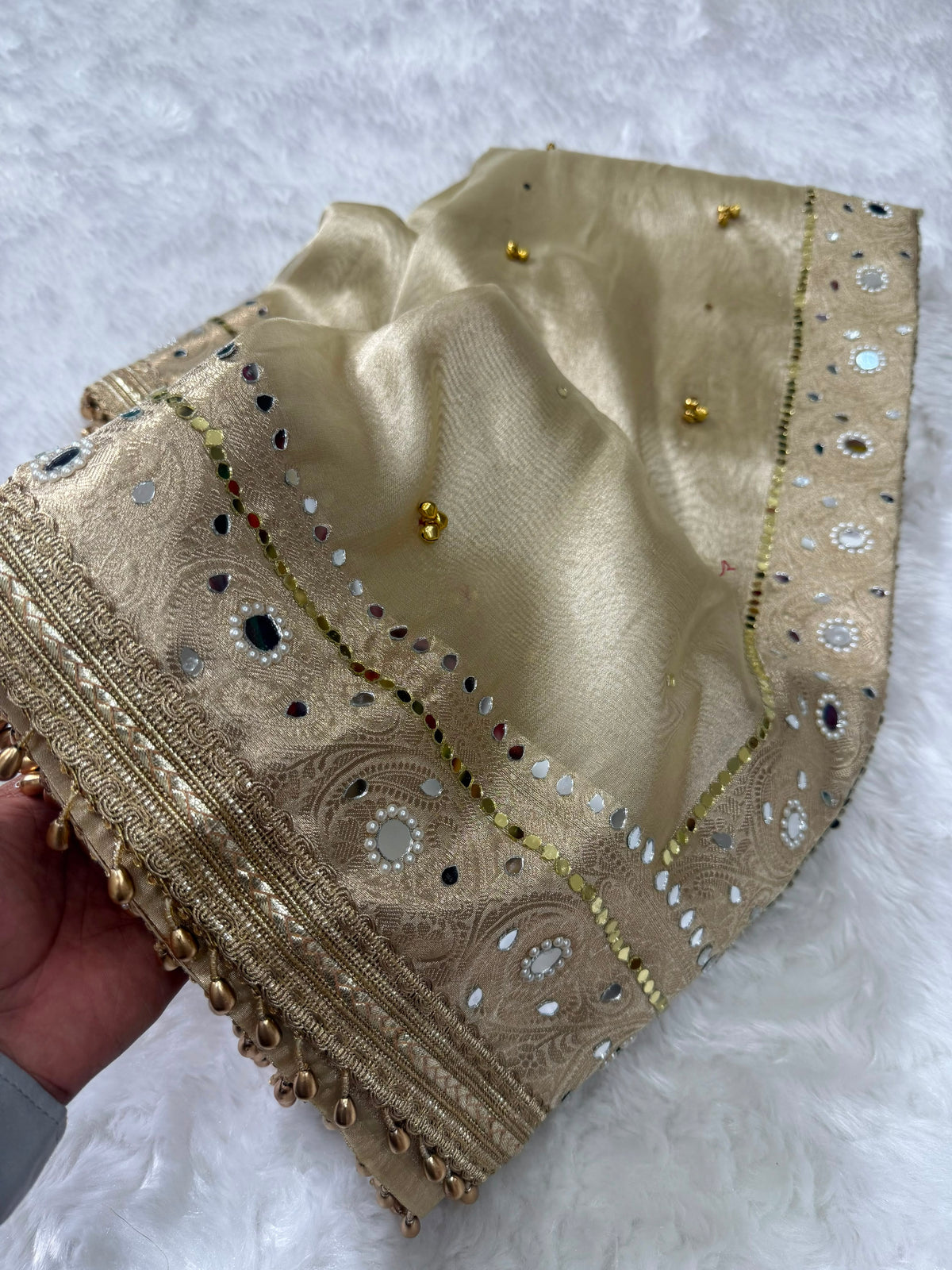 Champagne Gold Viral Ghungroo Saree – Banarasi Soft Tissue Silk | Thesareeghar