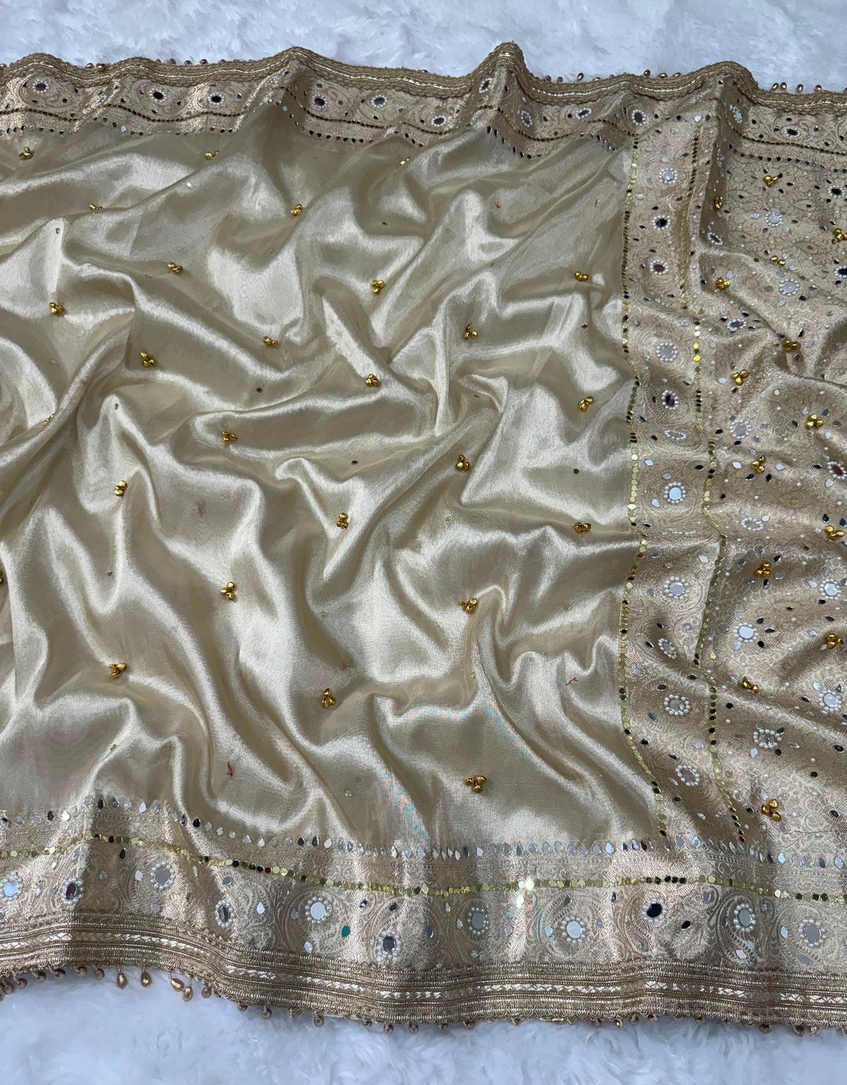 Champagne Gold Viral Ghungroo Saree – Banarasi Soft Tissue Silk | Thesareeghar