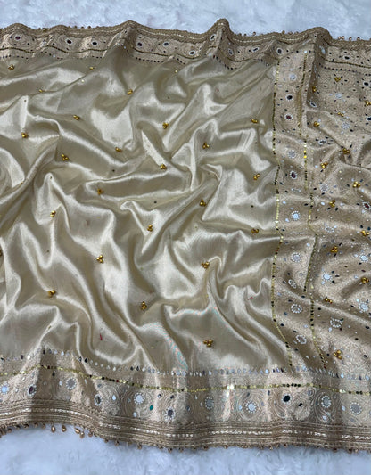 Champagne Gold Viral Ghungroo Saree – Banarasi Soft Tissue Silk | Thesareeghar