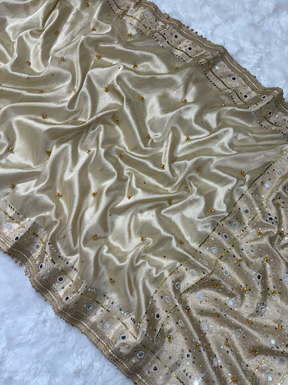 Champagne Gold Viral Ghungroo Saree – Banarasi Soft Tissue Silk | Thesareeghar