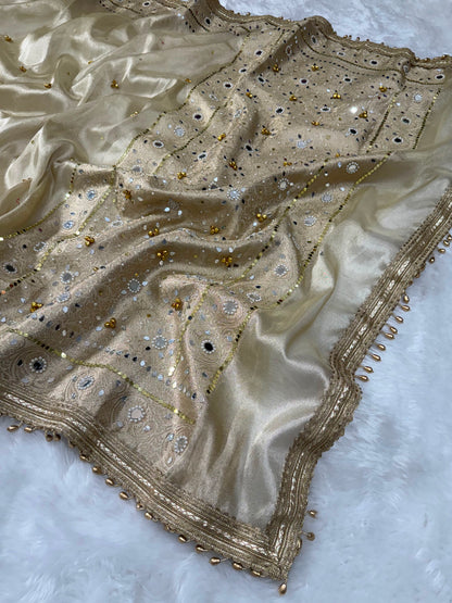 Champagne Gold Viral Ghungroo Saree – Banarasi Soft Tissue Silk | Thesareeghar