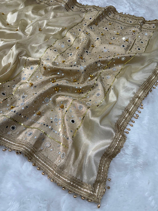 Champagne Gold Viral Ghungroo Saree – Banarasi Soft Tissue Silk | Thesareeghar