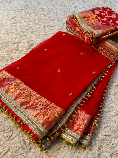 Red Viral Ghungroo Saree – Banarasi Soft Tissue Silk | Thesareeghar
