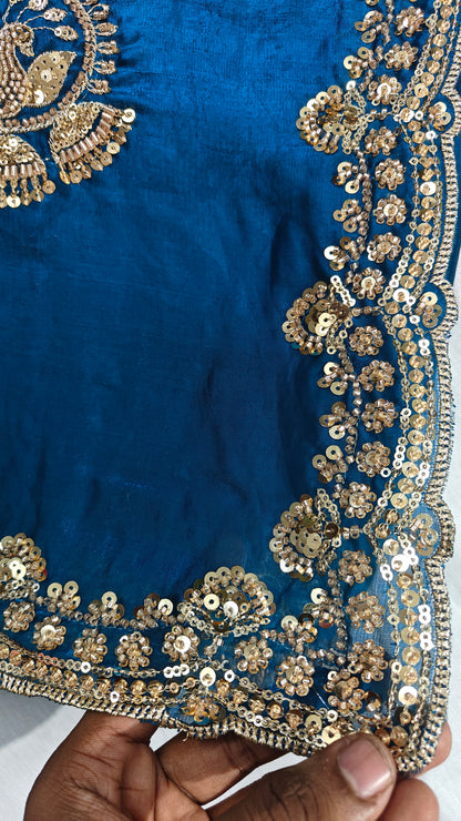 Royal Teal Blue Satin Silk Saree