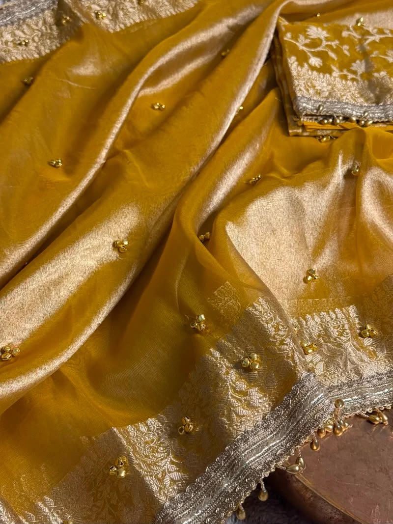 Yellow Viral Ghungroo Saree – Banarasi Soft Tissue Silk | Thesareeghar