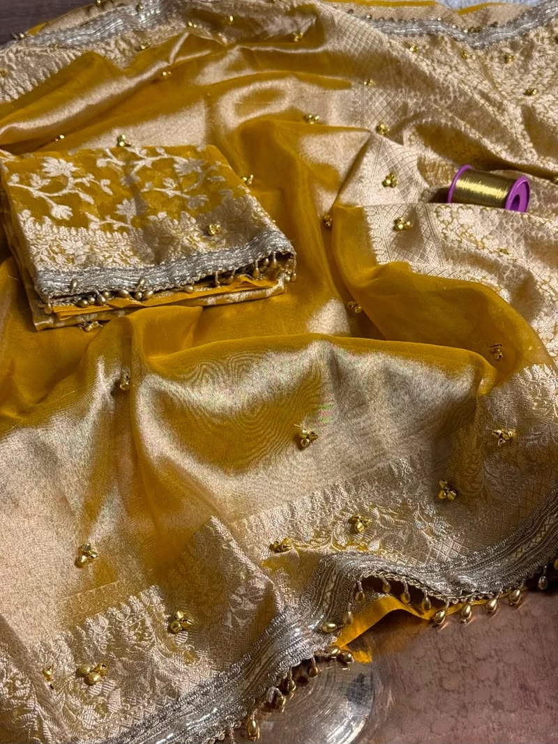 Yellow Viral Ghungroo Saree – Banarasi Soft Tissue Silk | Thesareeghar