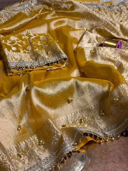 Yellow Viral Ghungroo Saree – Banarasi Soft Tissue Silk | Thesareeghar
