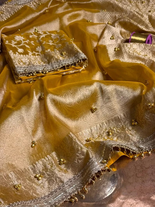 Yellow Viral Ghungroo Saree – Banarasi Soft Tissue Silk | Thesareeghar