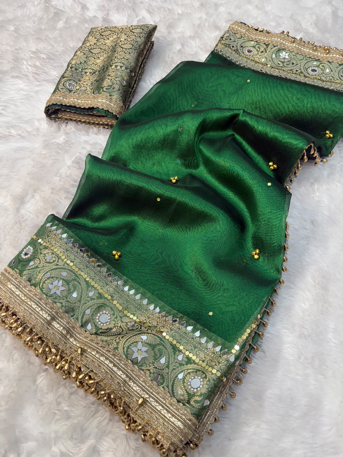 Deep Green Viral Ghungroo Saree – Banarasi Soft Tissue Silk | Thesareeghar