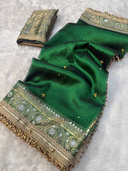 Deep Green Viral Ghungroo Saree – Banarasi Soft Tissue Silk | Thesareeghar