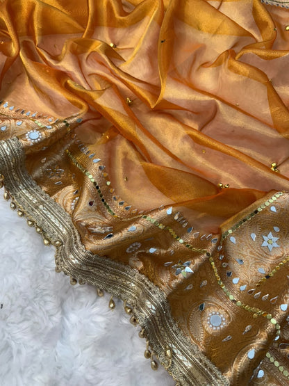Dusty Orange Viral Ghungroo Saree – Banarasi Soft Tissue Silk | Thesareeghar