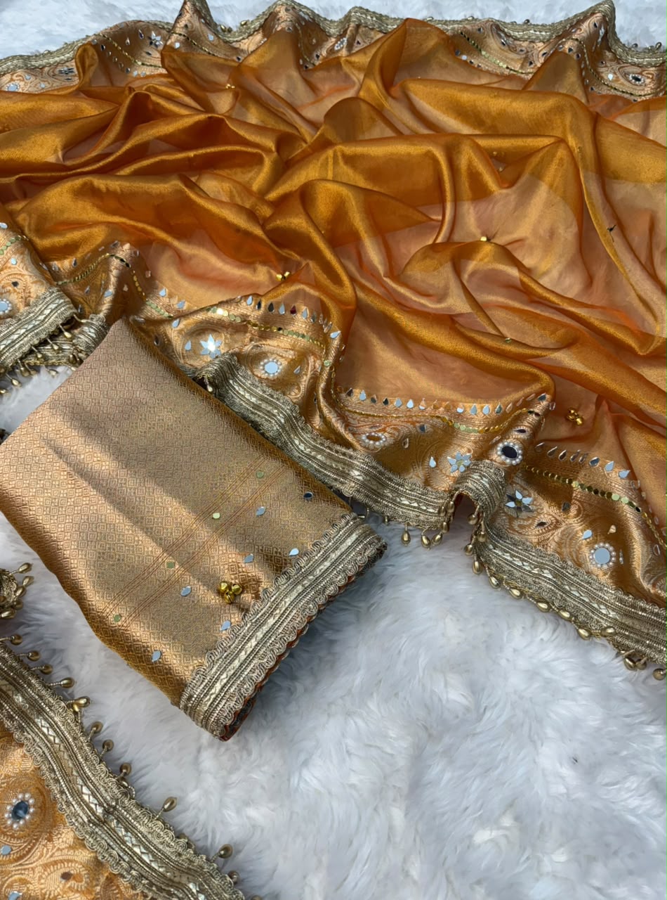 Dusty Orange Viral Ghungroo Saree – Banarasi Soft Tissue Silk | Thesareeghar