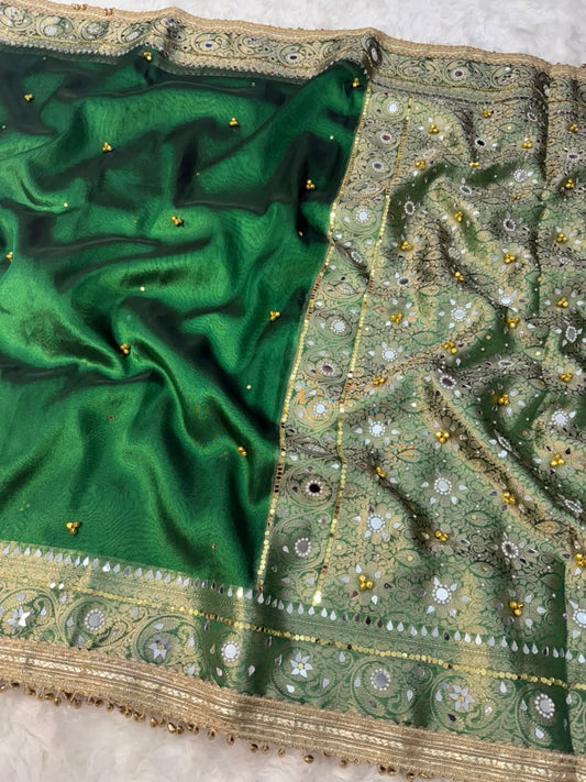 Deep Green Viral Ghungroo Saree – Banarasi Soft Tissue Silk | Thesareeghar