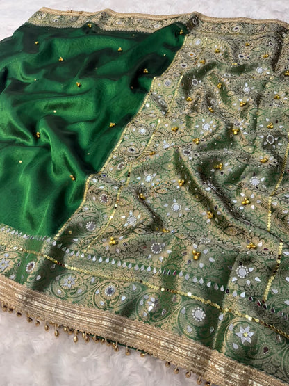 Deep Green Viral Ghungroo Saree – Banarasi Soft Tissue Silk | Thesareeghar