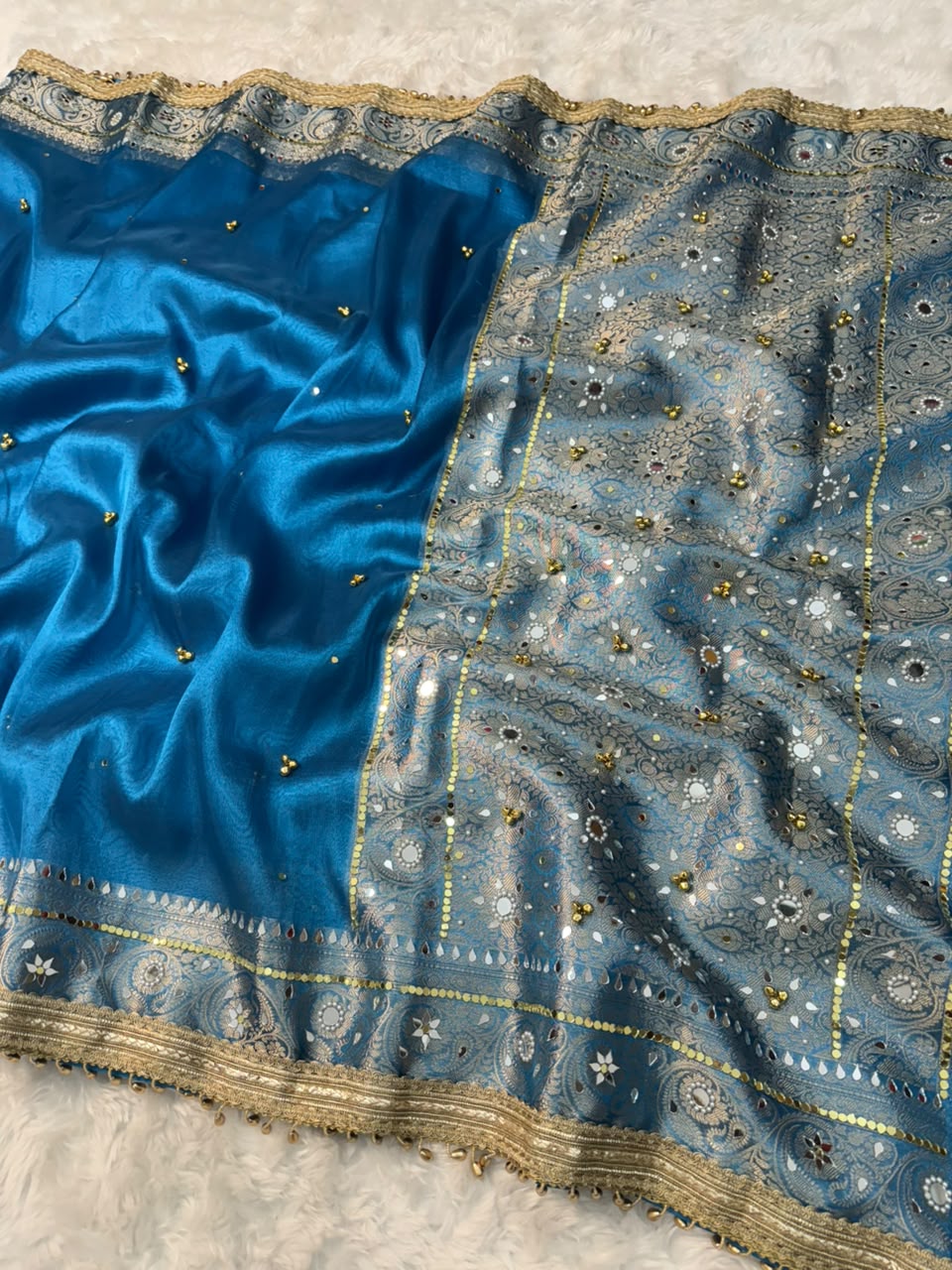 Teal Blue Viral Ghungroo Saree – Banarasi Soft Tissue Silk | Thesareeghar